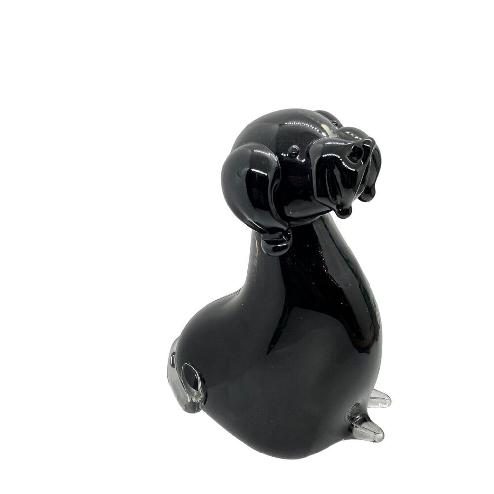 Art Glass Dog Paperweight Sculpture Sitting Figurine Black w/ Clear Glass Retro